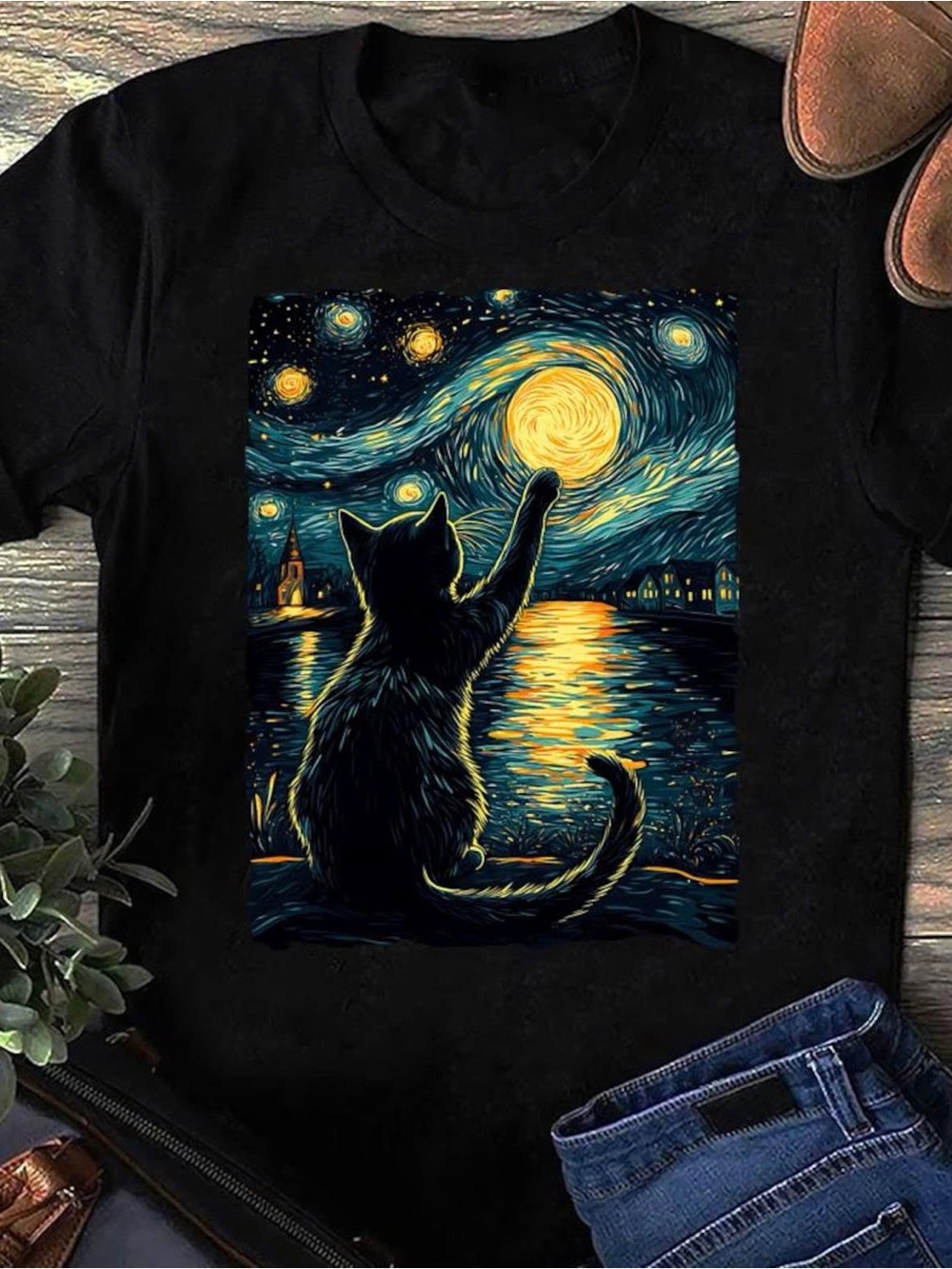 Black Cat Nightscape T-Shirt – Starry Moon Design